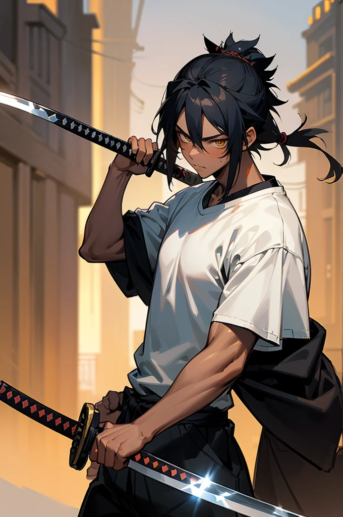 1male, teenager, muscular, muscle, black hair, medium length hair, dreads, bright golden eyes, calm expression, white t-shirt, black joggers, red jordans, dark skin, caramel skin, black skin, standing on street, hands to side, city background, detailed background, buildings, streets, stores, detailed face, facing viewer, (((katana, samurai, swordsman)))