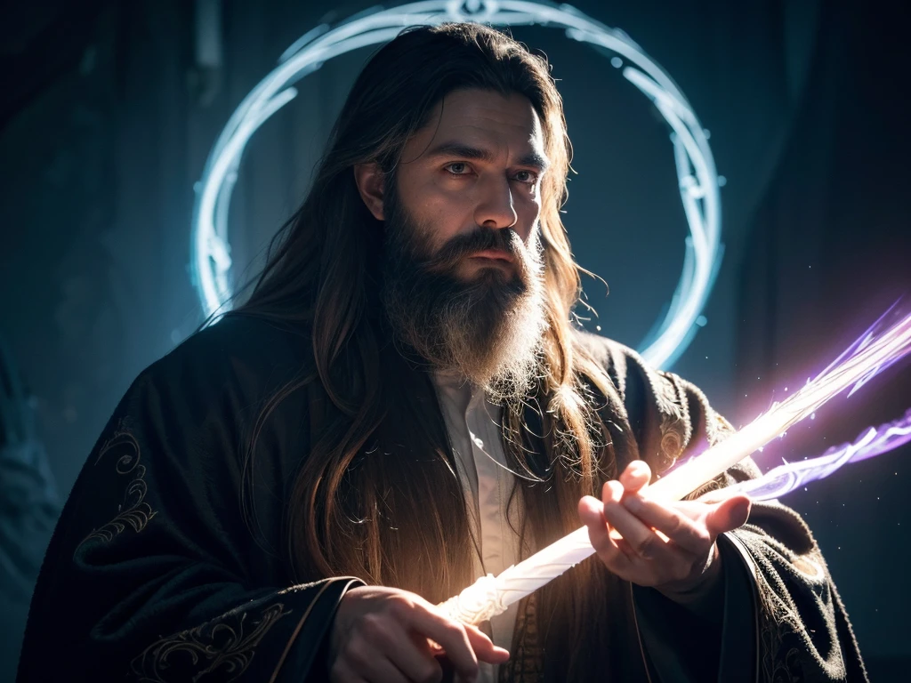 a detailed portrait of a powerful wizard, intricate robes with occult symbols, long white beard, piercing eyes, holding a glowing magical staff, dramatic lighting, dark mysterious background, digital painting, cinematic, masterpiece, (best quality,4k,8k,highres,masterpiece:1.2),ultra-detailed,(realistic,photorealistic,photo-realistic:1.37),dramatic lighting,dark moody atmosphere,cinematic composition,highly detailed face and hands,flowing robes with complex patterns,glowing magical staff,intricate occult symbols,piercing eyes,long white beard,powerful presence