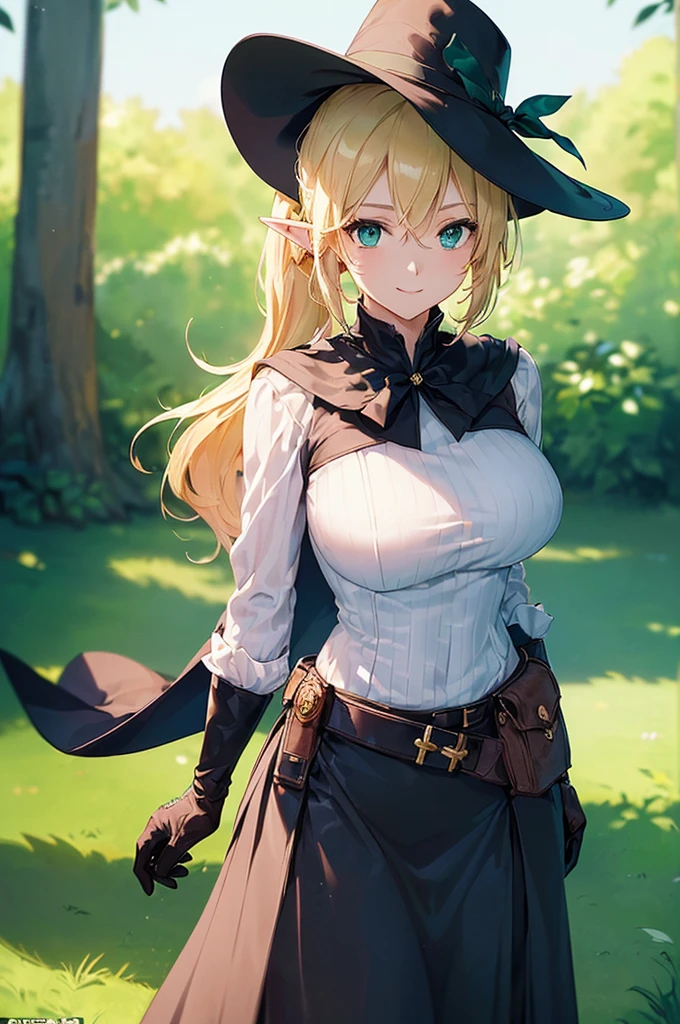 (((masterpiece; best quality: 1.2))), (finely detailed eyes: 1.3), (25 year old elf woman), (solo), (green eyes: 1.4), (body; big breasts, fit, femenine: 1.3), (silky blonde hair in low ponytail: 1.3), (beautiful and clear background: 1.2), ((depth of field)), (equipment: adventurer garb + modest + elegant wide-brimmed hat + dark blouse + dark cape + black long skirt + gloves + belt + pouches: 1.3), (anime illustration: 1.2), (background composition; royal garden: 1.1), (extremely fine and beautiful: 1.1), (shot composition; standing + centered on torso + close-up: 1.5), (expression; calm, smile: 1.2)