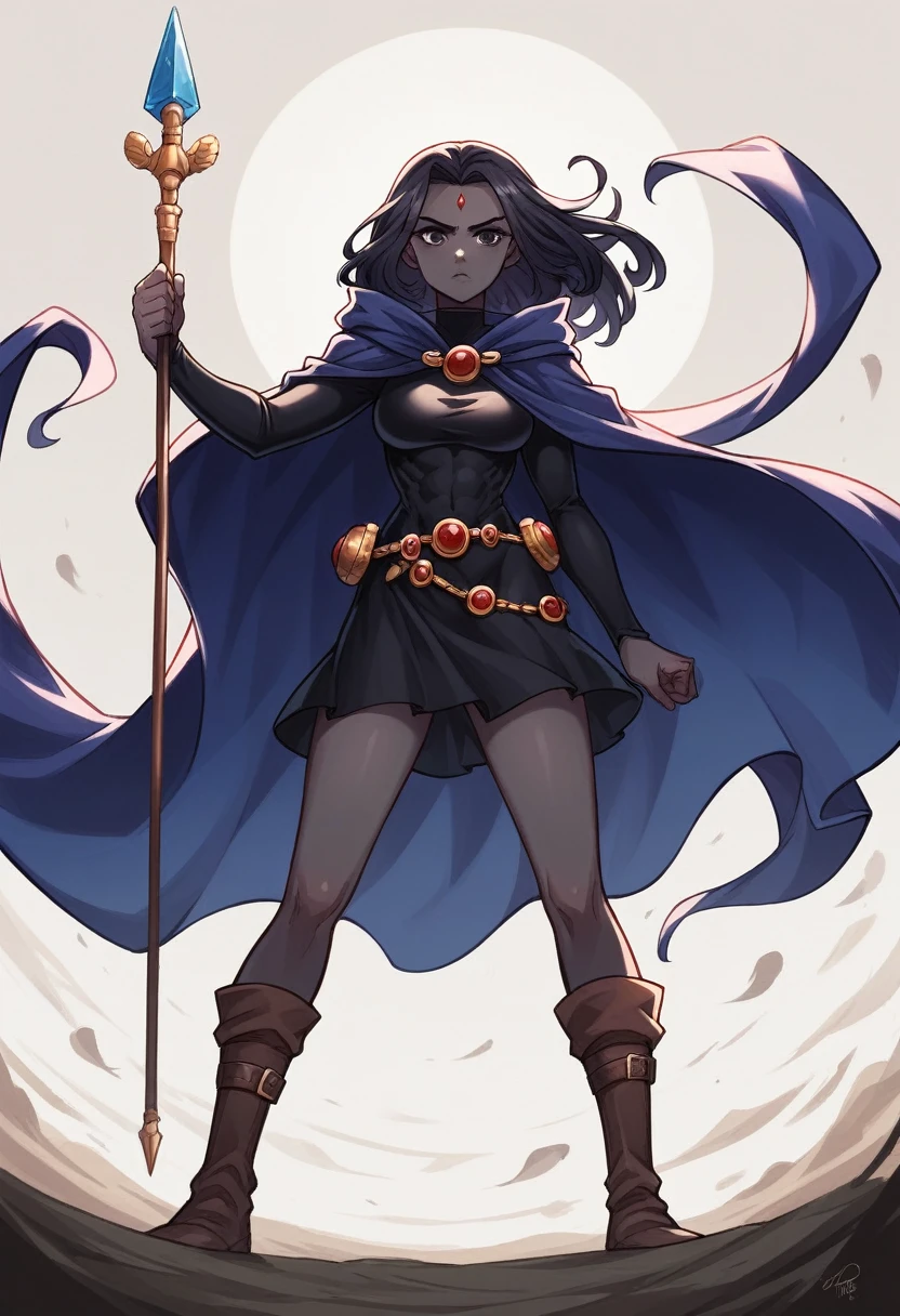 1 adult girl, Raven, black skin black leotard, black cloack, hooded cloak, knee-length Greek skirt, booties, long flowing hair, wavy black hair, forehead jeauel, purples eyes, medieval belt, firm skin, standing, toned, breastsout, battle pose, perspective view(posando)), Lines of movement, portraite, b&au. Contour, whole body, holding a spear