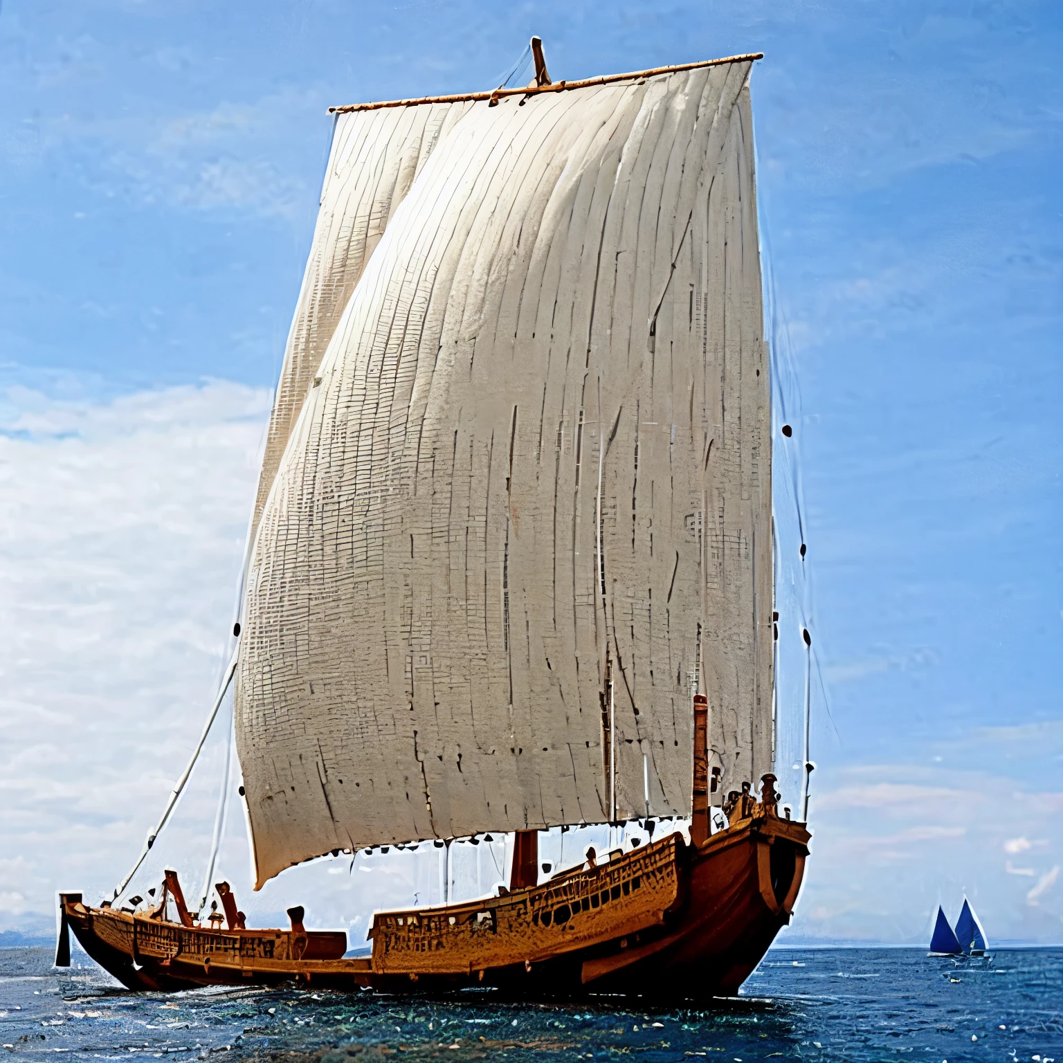(masterpiece, Highest quality:1.2), The Hishigaki Kaisen ship galloping along smoothly、1ship、From before、alone, (One mast)、(A sail)、Inflated sails、accurately、In detail、4K High Resolution、Blur the background、horizontal line、Distant land、