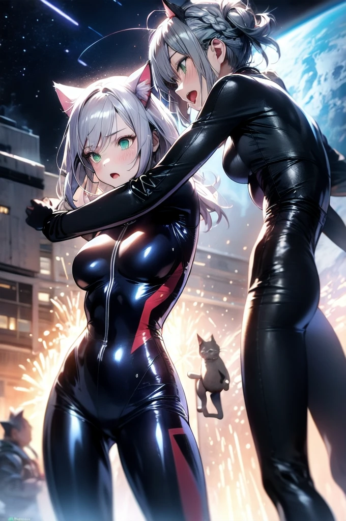 Prompto: A beautiful girl with cat ears and silver hair、Green eyes、Hair is silver、Wearing long clothes: Body-fitting black combat suit Fist is an afterimage Background is a night city She is in a cat-like combat pose Age is 14 Monitor, Dark Night, Sweat, Breath Steam, space, Fight, Dynamic Angle One Girl
