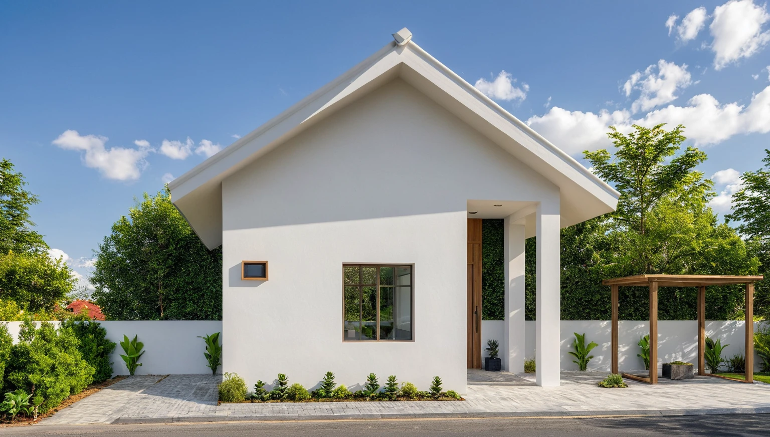 Masterpiece, high quality, best quality, authentic, super detail, outdoors, onestoreyvillaXL, aiaigroup, house style modern on the street ,stairs, white wall ,road,pavement, grass, trees, sky, cloud, (daylight:1.1)
