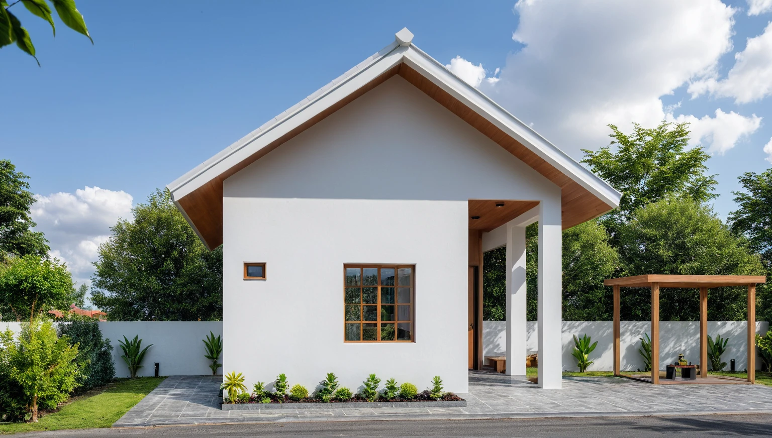 Masterpiece, high quality, best quality, authentic, super detail, outdoors, onestoreyvillaXL, aiaigroup, house style modern on the street ,stairs, white wall ,road,pavement, grass, trees, sky, cloud, (daylight:1.1)