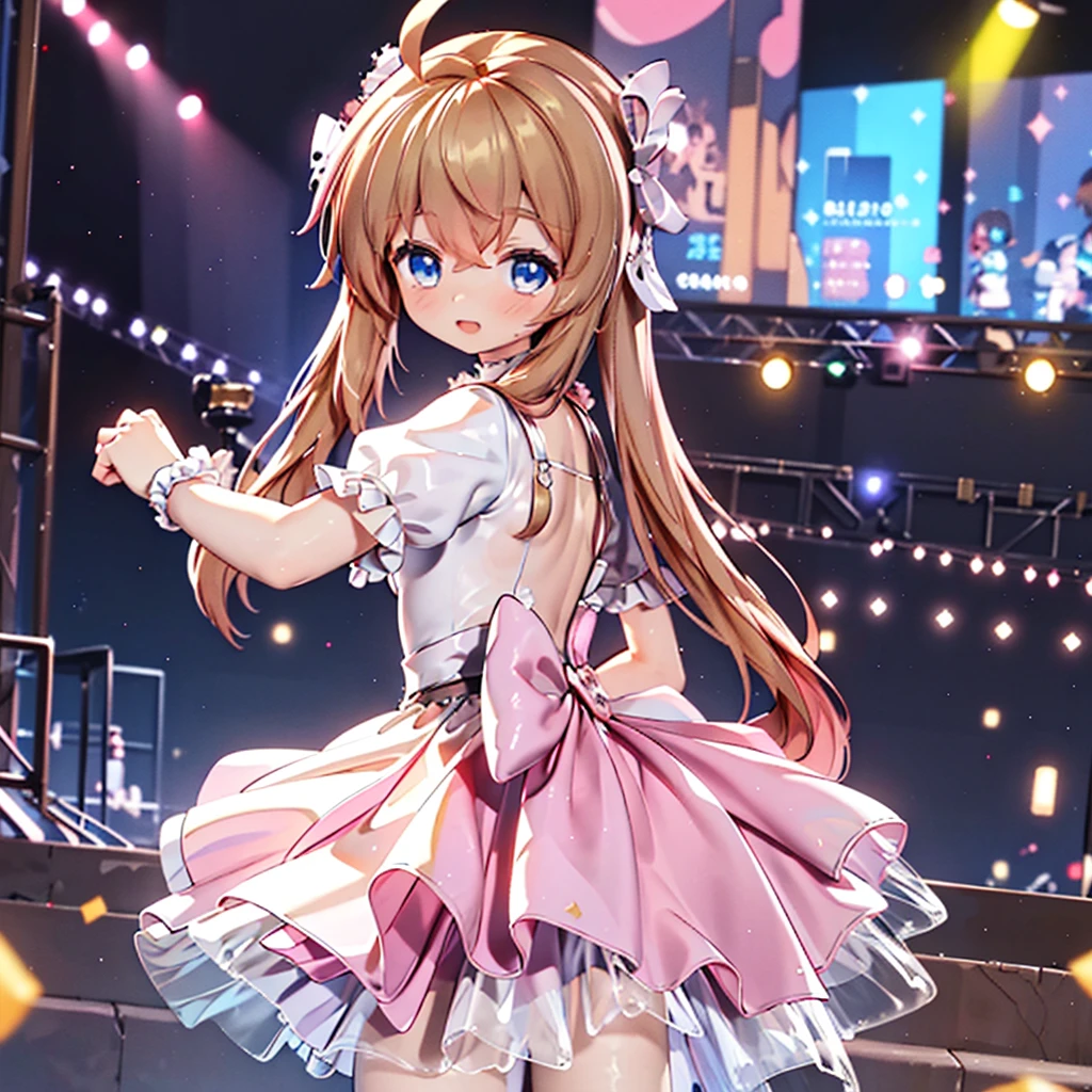 masterpiece, best quality, CG wallpaper, 8k, solo girl, cute, petite, Blue eyes, brown twin tail, yellow dress, open mouth smile, look away and face other side, dance at the stage, neon and led lights, from behind
