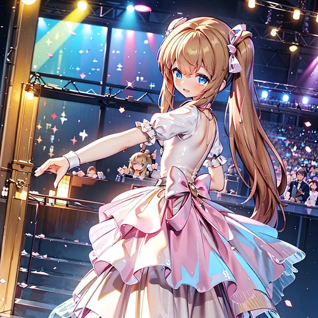 masterpiece, best quality, CG wallpaper, 8k, solo girl, cute, petite, Blue eyes, brown twin tail, yellow dress, open mouth smile, look away and face other side, dance at the stage, neon and led lights, from behind
