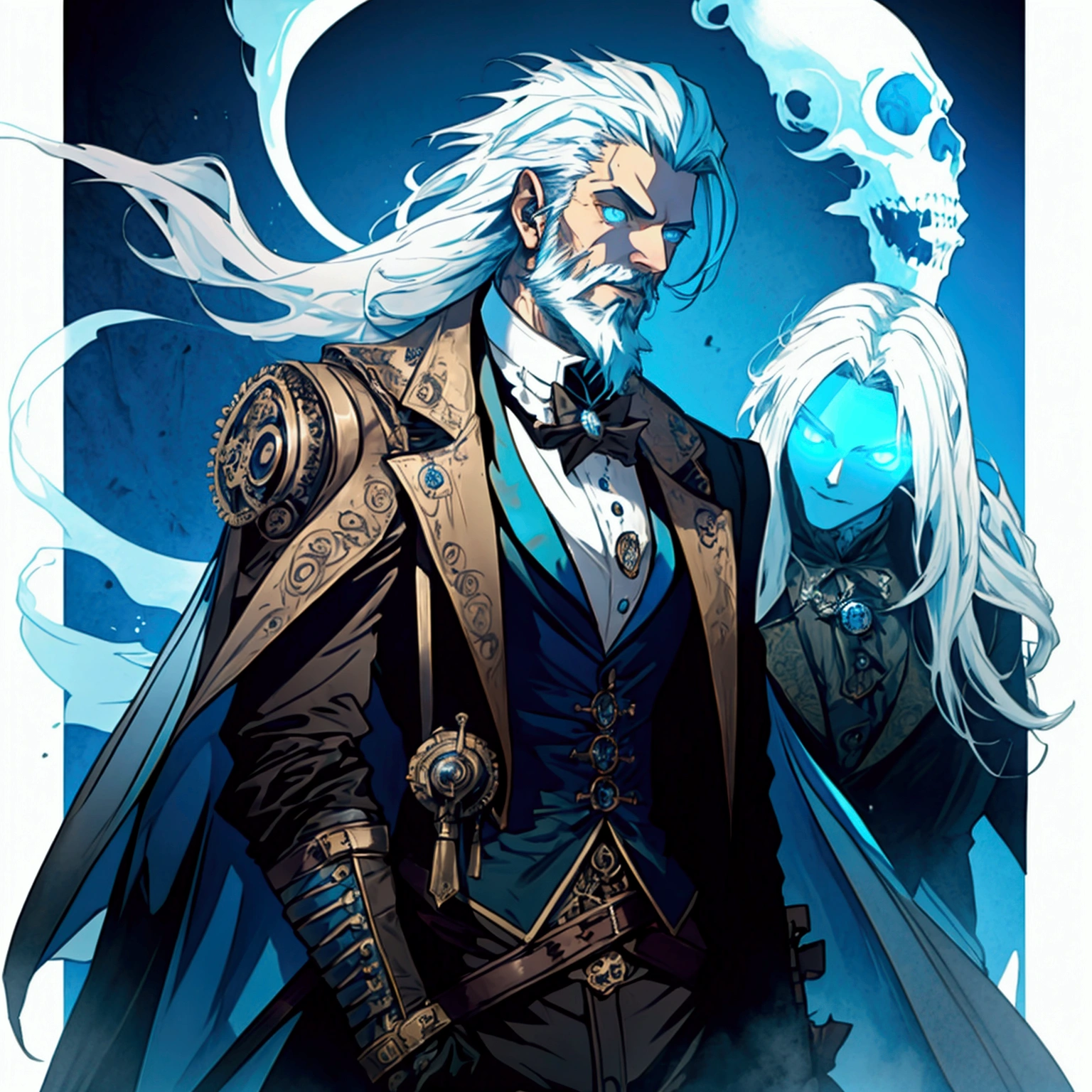 an athletic lithe male with long white hair and a scruffy beard, glowing blue eyes and a ghostly look to him, wearing a steampunk inspired victorian outfit