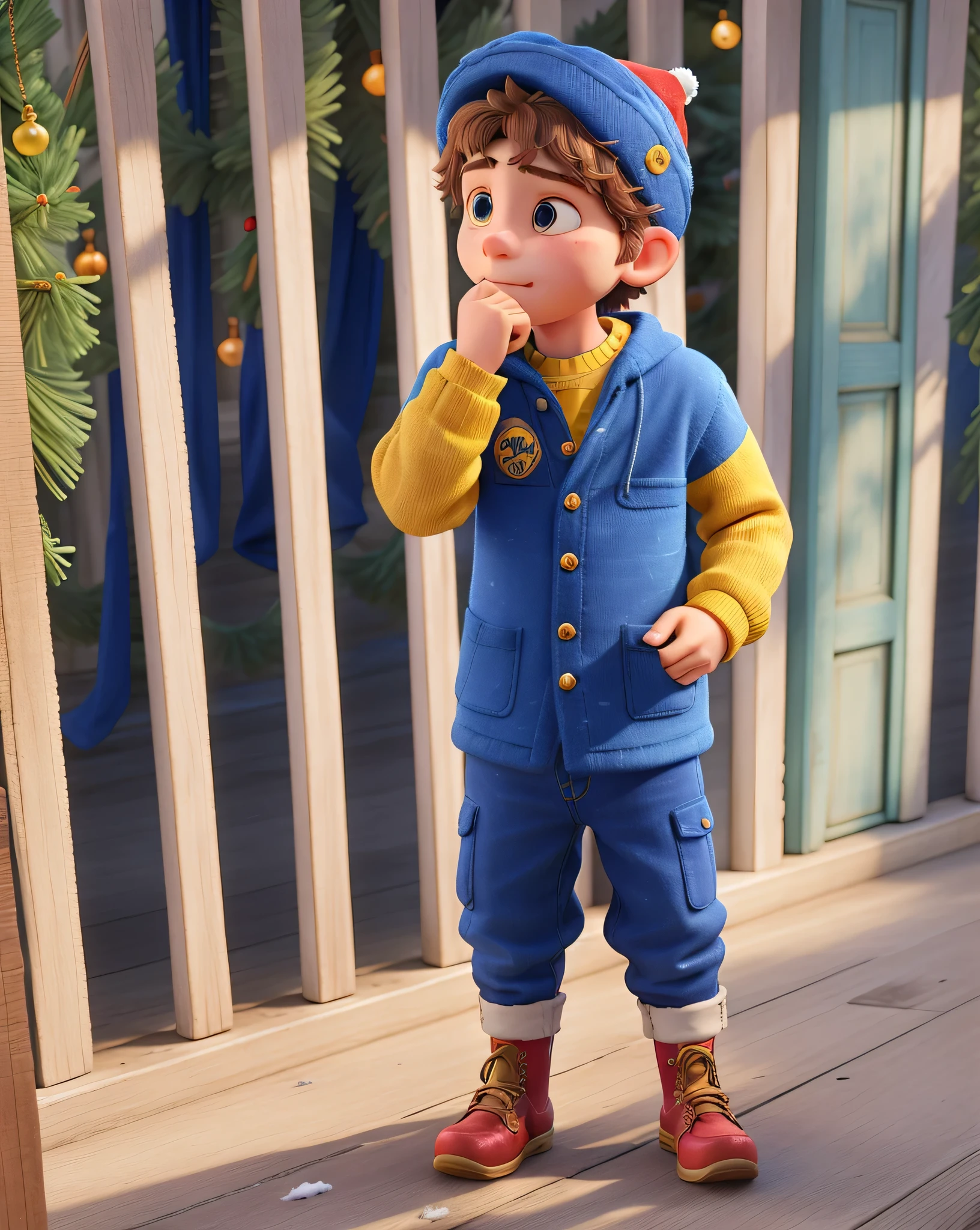 there is a young boy wearing a hat and blue shirt, baggy clothing and hat, in blue and yellow clothes, wearing a fisher 🧥, with a cool pose, wearing a navy blue utility cap, deep in thought, cold as ice! 🧊, golden blue outfit, cool pose, inspired by Drew Tucker, pouty, looking heckin cool and stylish,HD, (best details), (best quality), disney style, happy, masterpiece, best quality, high resolution, christmas, lights, snow, young people, (((red Christmas hat))) Christmas decoration