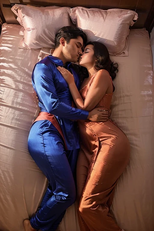(((Curvy woman in satin salwar))), (((young man an woman lying down))), (((couple))), (((kissing))), (((defined figure))) ((young man lying on woman) (on top), (hugging), (lying on bed) (looking at young man), (curvy), (cheating) (buttock), no shirt, full body, 