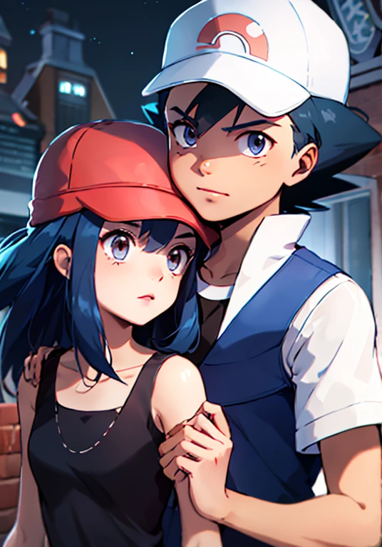 good quality,duo, 1 girl (dawn, long blue hair,straight,blue eyes,black dress) 1 man (ash Ketchum, black hair,Brown eyes), couple,town