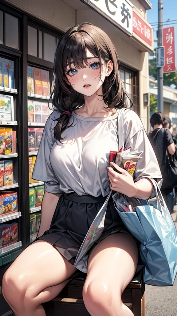 (A work depicting a scene from a manga for adults), housewife, Realistic sized eyes, Droopy eyes, shame, (She is carrying a large plastic bag full of groceries.), ((Spread your legs, banging one's groin against a stone pillar on the sidewalk to masturbate, pubic hair)),Angle from below, alley,No bra、(((Masturbation 、Leg spread、)))panties、Random Color
