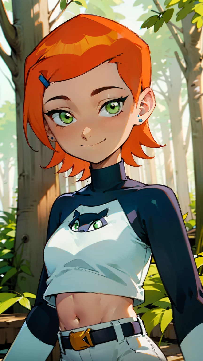 (Masterpiece), Best Quality, ultra-detailed, 1girl (Gwendolyn_Tennyson, beautiful face, breasts, orange hair, short hair, green eyes), , a charming face, smile, looking at viewer, solo, long sleeves, navel, belt, white pants, forest, walk, charming walking