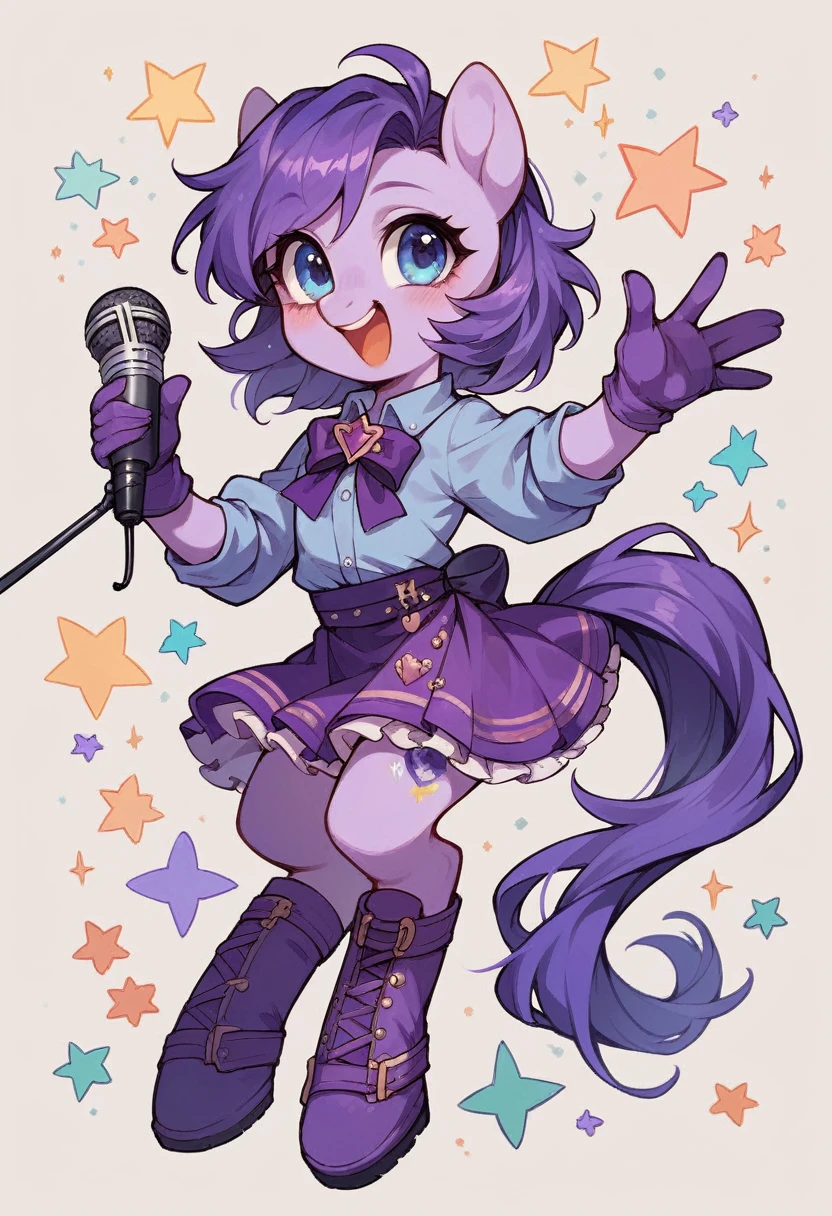 cute and beautiful idol girl with purple pony tail hair, light blue eyes, white and purple shirt, white and purple skirt, purple gloves and purple boots with a microphone on her hand, happy
