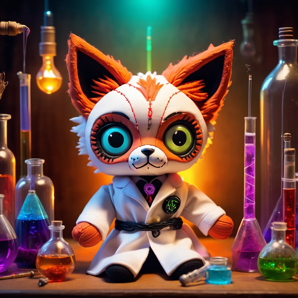 (knitted toy voodoo doll:1.8), (Voodoo Fox Conducting an Experiment:1.3), (Clothing: lab coat with chemical patterns:1.0), (Accessories: enchanted beakers, glowing test tubes:1.2), (background: cozy lab with floating, glowing formulas and mystical light:1.2), best quality, masterpiece, detailed soft oil painting, detailed background, dramatic cinematic lighting, soft edge lighting, professional, dramatic lighting, hard edge lighting, ultra quality, 4k, masterpiece, best quality, 8k, ultra high definition, high resolution, extremely detailed
