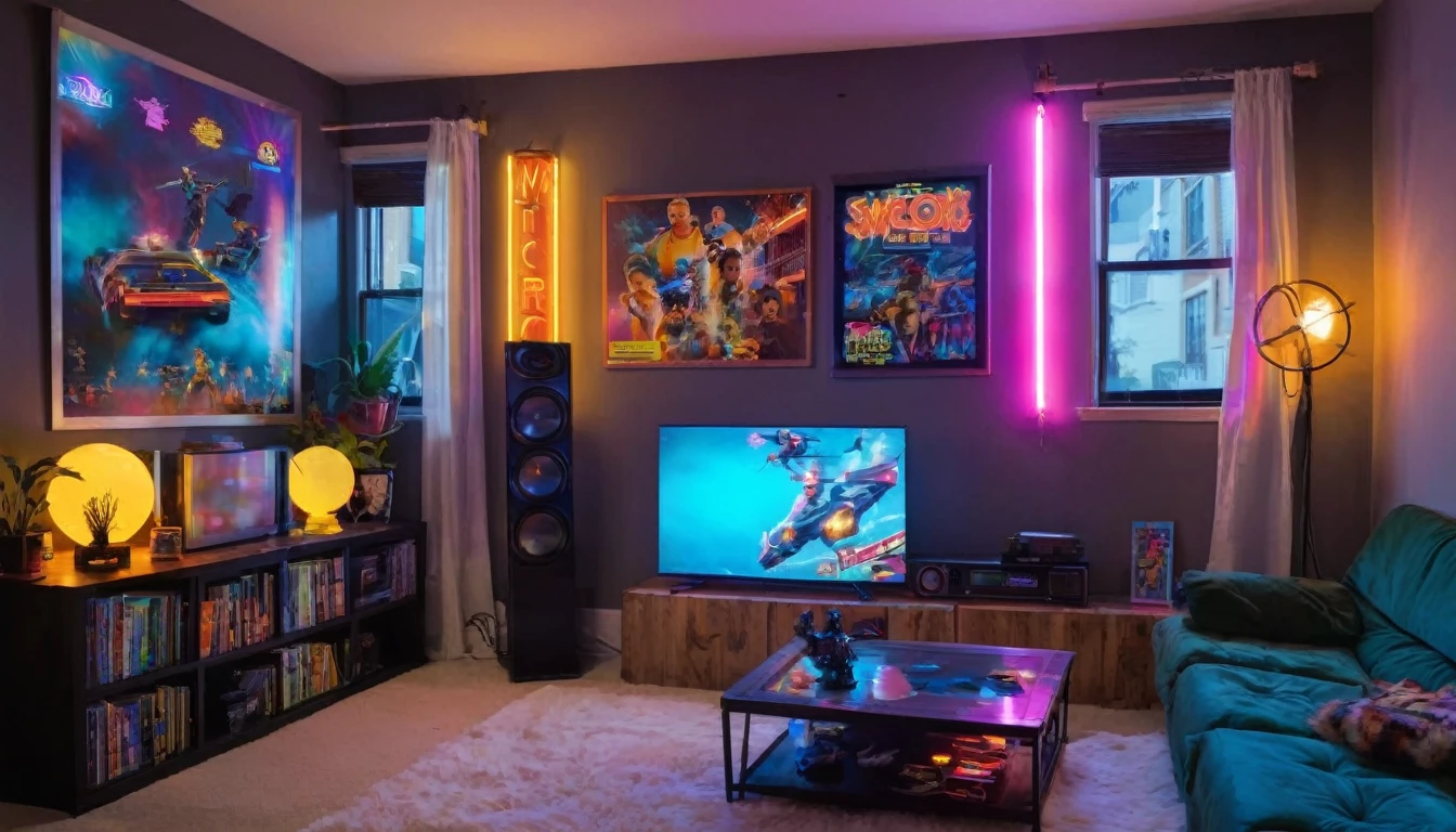 small apartment living room with big screen tv , neon lights, games, action figures