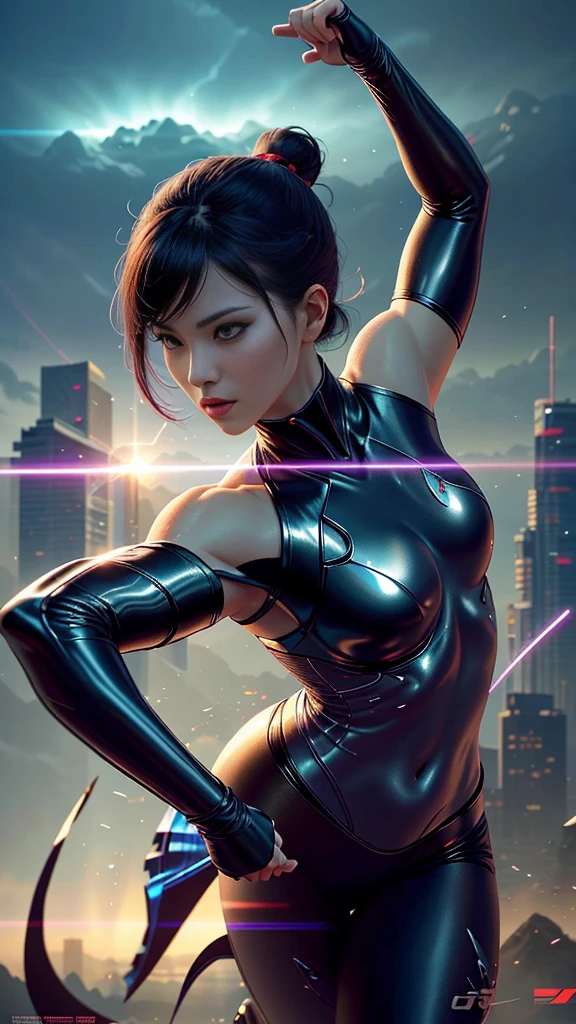 (obra maestra、4k-resolution、Un hiperrealista、ighly detallado)、(Tema Black Superheroes、carisma、Hay una mujer con un traje de neopreno sobre la ciudad、she is a superhero)、 [((25-years old)、(Pelo largo y gris:1.2)、cuerpo completo Esbian、(ojos azules:1.2)、((Catwoman Pose)、show of force、Saltar de un edificio a otro)、((Entorno urbano arenoso):0.8)|(Un paisaje urbano、Noche、dynamic light)、(luna llena)]#ilustrar:Indications are mainly ultra high definition、Muy real、Describe pinturas 4K altamente detalladas。A superheroine in a neoprene costume is pictured on top of the city。The subject of the photo is a black superhero theme。(((Vista posterior))), Disparo con objetivo gran angular, Neon lights, (((Disparando desde abajo)))