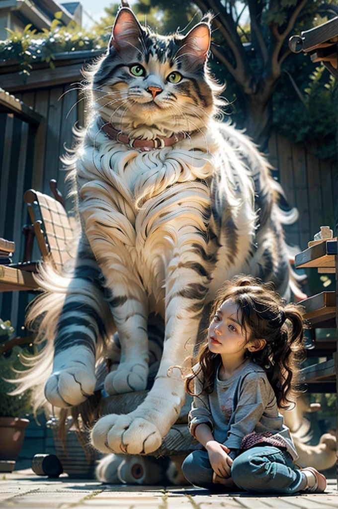 Photorealistic,Realistic,Photography,masutepiece,Best Quality,Ultra-detailed,the Extremely Detailed CG Unity 8K Wallpapers,1girl,gigantic cat,Oversized cat,Outdoors,on grassland,