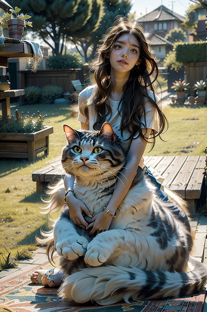 Photorealistic,Realistic,Photography,masutepiece,Best Quality,Ultra-detailed,the Extremely Detailed CG Unity 8K Wallpapers,1girl,gigantic cat,Oversized cat,Outdoors,on grassland,