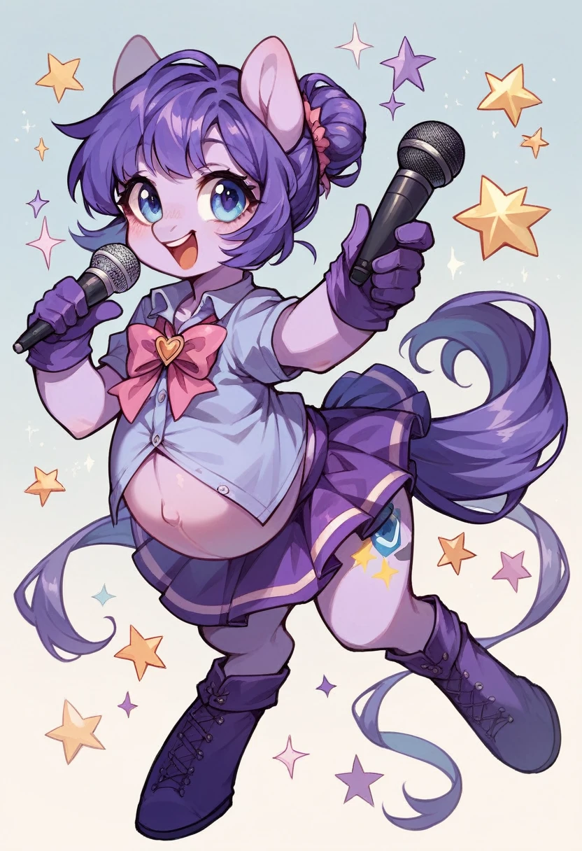 pregnant cute and beautiful idol girl with purple pony tail hair, light blue eyes, white and purple shirt, white and purple skirt, purple gloves and purple boots with a microphone on her hand, happy