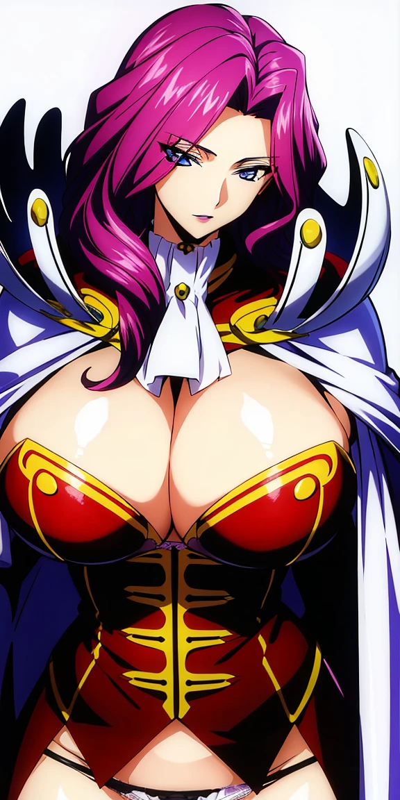 cornelia_li_britannia, huge breasts, solo, standing, cornelia_military_uniform, cornelia_white_cape,, masterpiece, best quality, detailed face, detailed eyes, highres, bra exposed, panty exposed