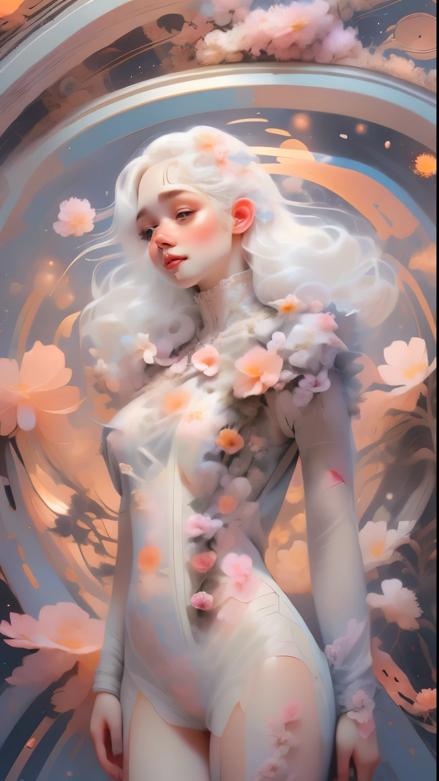 (masterpiece:1), (best quality:1), (1girls, cute pose, size, (((ultra realistic face))), gorgeous smile, , white hair, looking a little bit sad, beautiful face, beautiful girl totally, hood, easy negative, in circle, rounded flowers frame circle, (timeless:1.1), (nature:1.25), (cosmos:1.5), white theme, high detailed, fractal background, ((flowers covering the girl legs)), too many flowers