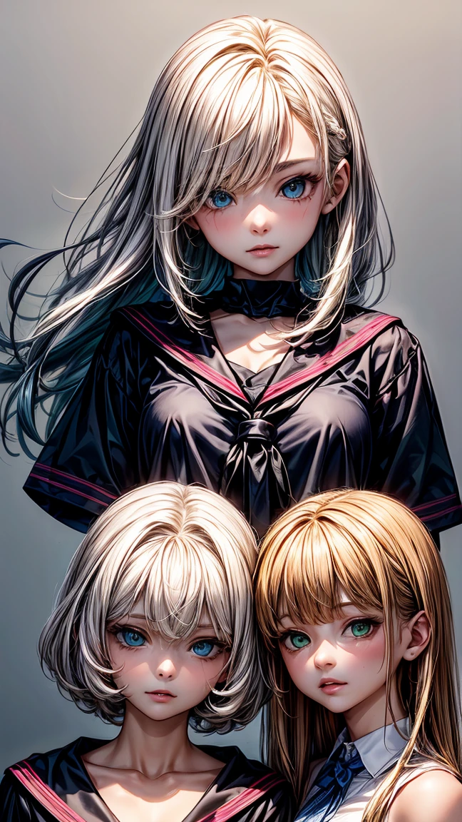 ((3 17 year old girls.)) 1 with yellow hair and green eyes, tanned body. 2 white hair and blue eyes, white body. 3 Red Hair And Red Eyes, with dark body. The 3 girls are standing. in  clothes. High School College Fund. 
Neg: wrong eye colors, disproportionate eyes, deformed faces, wrong hair colors, facial distortions, cross eyed, misaligned eyes, pixelated hair, incorrect facial proportions, ill-fitting clothes, poor lighting, low quality
