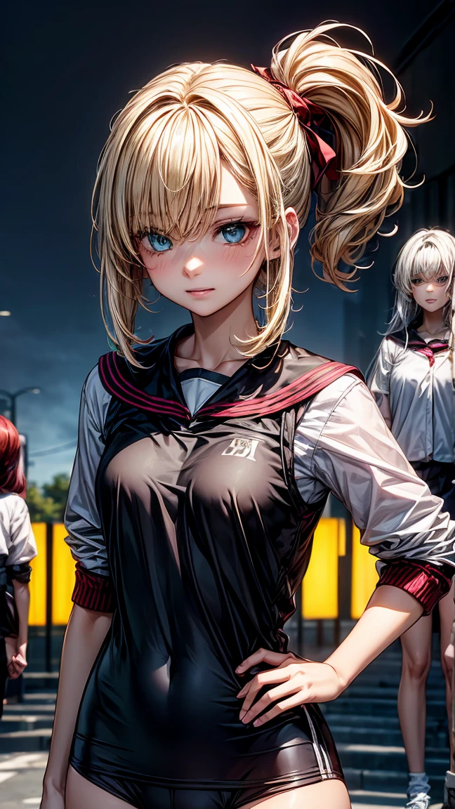 ((3 17 year old girls.)) 1 with yellow hair and green eyes, tanned body. 2 white hair and blue eyes, white body. 3 Red Hair And Red Eyes, with dark body. The 3 girls are standing. in  clothes. High School College Fund. 
Neg: wrong eye colors, disproportionate eyes, deformed faces, wrong hair colors, facial distortions, cross eyed, misaligned eyes, pixelated hair, incorrect facial proportions, ill-fitting clothes, poor lighting, low quality
