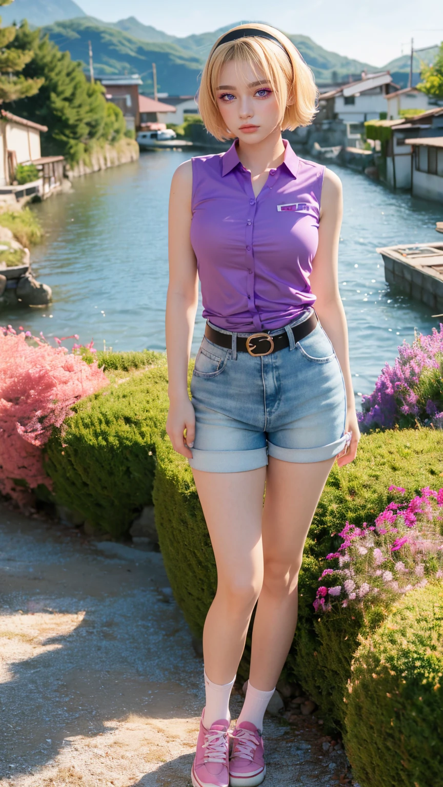 1 woman, grown woman, woman in her 30s, tarankaaa, NOT DASHA TARAN, full body standing, perfect body, best quality, 32k, photograph, full body (head to toe), tone mapping, ((houjou satoko,short hair,black hairband,blonde hair,violet eyes,hair between eyes,collared shirt,sleeveless shirt,pink shirt,shirt tucked in,mid sized breasts,belt,short shorts,blue shorts,white socks,pink footwear, athletic, big woman)), asian-european, ((golden blonde hair, short hair, purple eyes)) perfectly drawn hands, ((masterpiece)), ((highres)), ((detailed background)), japanese village background, next to a river, (big proportions), cute pose, smiling, ((perfect eyes, detailed eyes, realistic eyes)), ((sharp face, detailed face, realistic face, natural skin, realistic skin, detailed skin, pores)), 