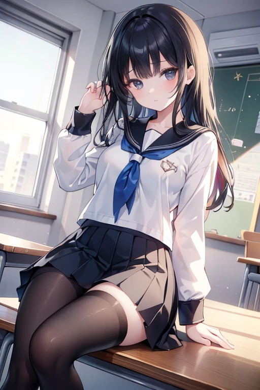 masterpiece, best quality, ultra-detailed, illustration, colorful, falt color, depth of field, lens flare,
1girl, anime, sitting, black hair, looking at viewer,school, classroom, pleated miniskirt , , serafuku, black pantyhose, detailed skin texture, detailed cloth texture, beautiful detailed face,