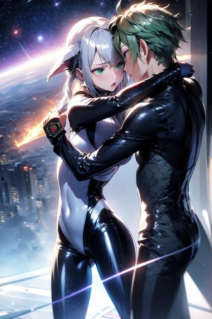 Prompto: A beautiful girl with cat ears and silver hair、Green eyes、Hair is silver、Wearing long clothes: Body-fitting black combat suit Fist is an afterimage Background is a night city She is in a cat-like combat pose Age is 14 Monitor, Dark Night, Sweat, Breath Steam, space, Fight, Dynamic Angle One Girl