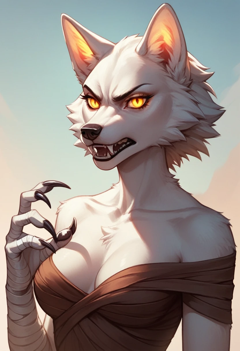 Anthro, beautiful, solo-girl, feminine, wolf-woman, white fur, short hair, white wolf ears, long snout, fangs, bandaged arms, claws, ready for battle, glowing yellow wolf eyes, serious, scary, plain medieval brown dress, breast fur, medium breasts, (standgin in complete darkness:1.3), (looking straight at camera:1.2)