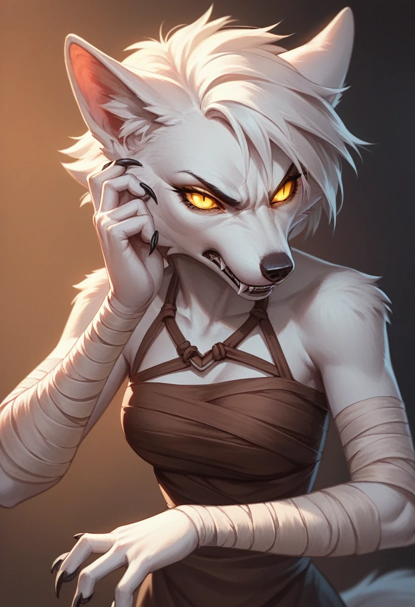 Anthro, beautiful, solo-girl, feminine, wolf-woman, white fur, short hair, white wolf ears, long snout, fangs, bandaged arms, claws, ready for battle, glowing yellow wolf eyes, serious, scary, plain medieval brown dress, breast fur, medium breasts, (standgin in complete darkness:1.3), (looking straight at camera:1.2)