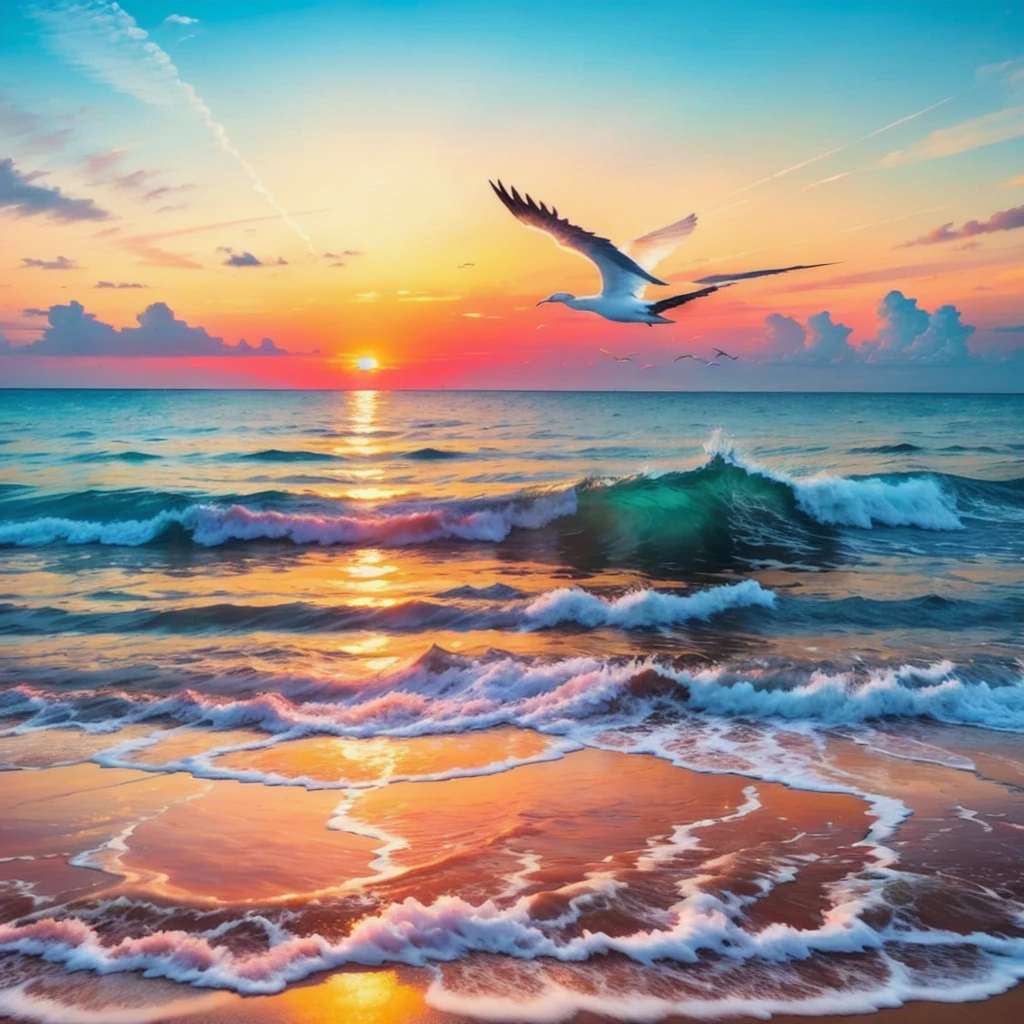 An absolutely mesmerizing sunset on the beach, with a mix of orange, pink, and yellow in the sky. The water is crystal clear, gently kisses the coast, and the white sand is endless. The scene is dynamic and breathtaking, with seagulls soaring high in the sky and palm trees swaying softly. Immerse yourself in the calm atmosphere and let the serenity surround you.