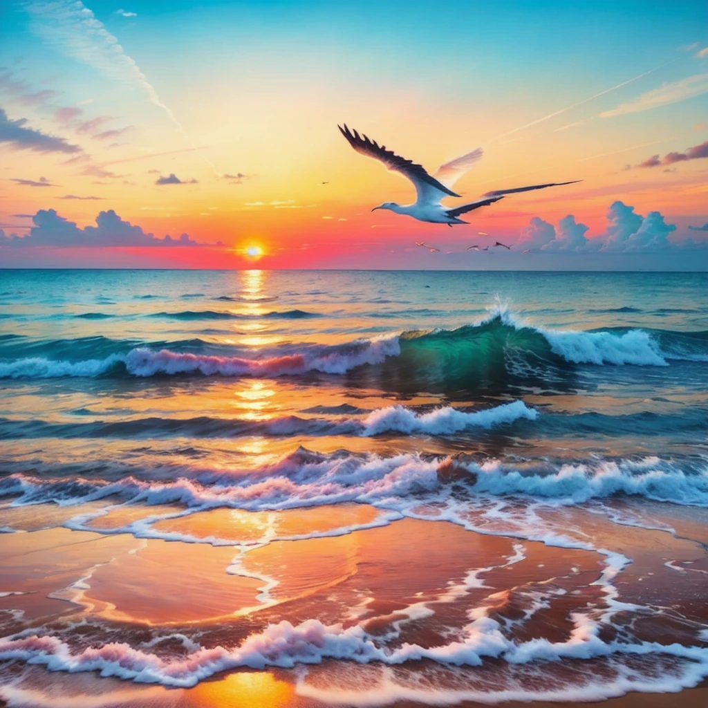 An absolutely mesmerizing sunset on the beach, with a mix of orange, pink, and yellow in the sky. The water is crystal clear, gently kisses the coast, and the white sand is endless. The scene is dynamic and breathtaking, with seagulls soaring high in the sky and palm trees swaying softly. Immerse yourself in the calm atmosphere and let the serenity surround you.