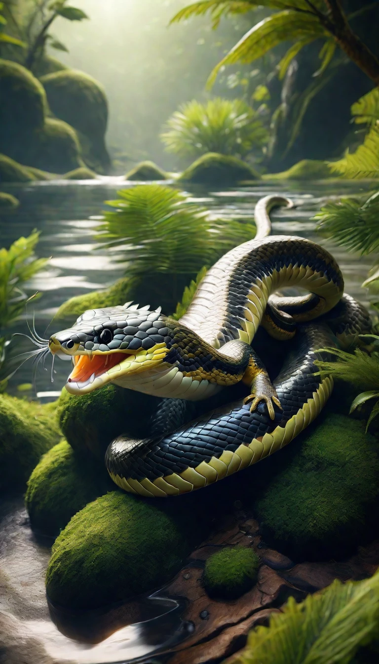 There is a creature in the watesh body snake tail(best quality,4K,8k,High level,masterpiece:1.2),Ultra Detailed,(lifelike,Photo real,Photo real:1.37),Highly detailed animals,Complex patterns,Realistic lighting,Fantasy Creatures