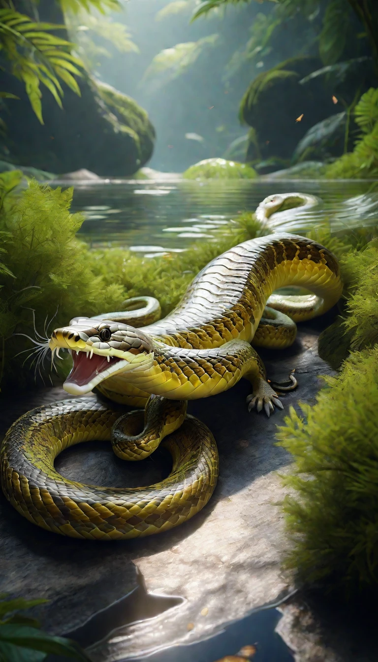 There is a creature in the watesh body snake tail(best quality,4K,8k,High level,masterpiece:1.2),Ultra Detailed,(lifelike,Photo real,Photo real:1.37),Highly detailed animals,Complex patterns,Realistic lighting,Fantasy Creatures