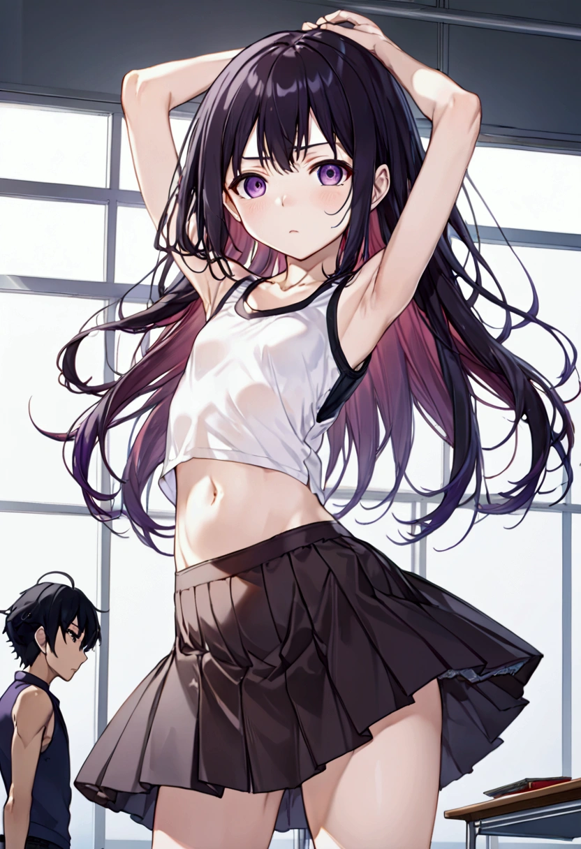 Highest quality, Highest image quality, oto adashino, sleeveless, small breasts, teenage girl((13-year-old, Agar, vest bust, small breasts, purple eyes, black hair, long hair, slender, highest valley, Black short skirt, Red spats, fluttering hair, Black navel tank top)), nsfw, (Lift up the skirt:1.4), (white panties visible:1.3), (pubic hair:1.2), (cameltoe:1.2), (love juice:0.7), (frown:1.2), contemptuous,disdain, (hate:1.3) ,looking down, elegant, active angle, dynamism pose,  from below, (anime artwork:1.5), in class room, official art, movie, visual art, perfect art,