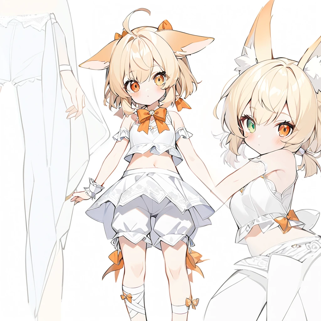 The fox girl,1girl,short hair, The hairstyle is like Klee's,animal ears, bangs, bare shoulders, blonde hair, blush, bow, breasts, white cleavage, cropped torso, , green eyes, hair ribbon, heterochromia, , looking at viewer, , orange bow, orange eyes, orange ribbon,  ribbon, solo, stuffed animal, , , twintails, upper body, full-length, white legbands, white shoes with lace and white bows, white background, wrist cuffs, yellow eyes, bloomers, close-up, fair skin frills, lace, midriff, skirt, solo, , white background,shorts, white top with ribbon and lace and trousers,trousers, genshin,white slippers with a bow,All clothes are white, laceAt full height, it stands,bandaged hands, short hair , ankle lace-up, ankle ribbon, bow, leg ribbon, lineart, , shoes, , standing, , white bow, white footwear,