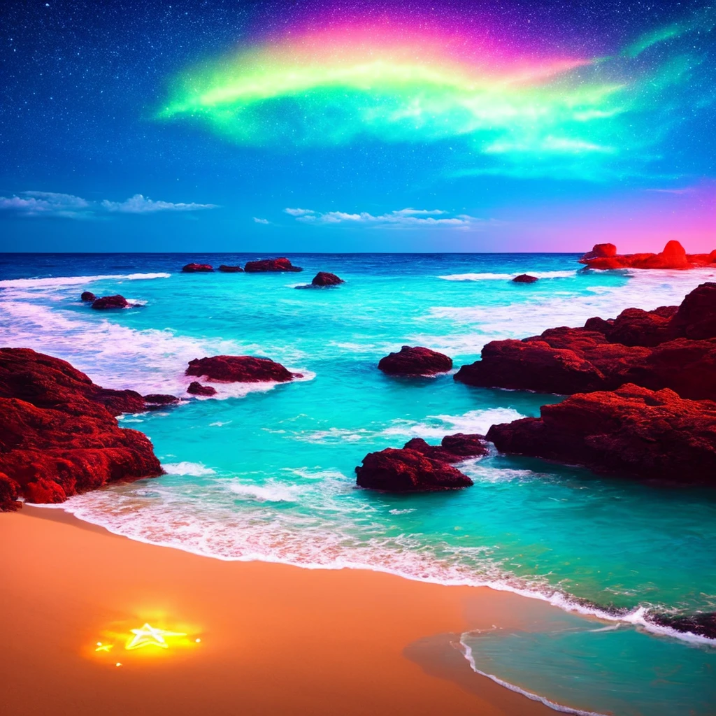 a beach with a bright sky and a bright star filled sky, a digital painting by Mike "Beeple" Winkelmann, tumblr, fantasy art, magical beach, beautiful vibrant colors, glow wave, glowing colors, [ bioluminescent colors ]!!, stunning colors, beautiful colors, glowing rich colors, amazing colors, breathtaking colors