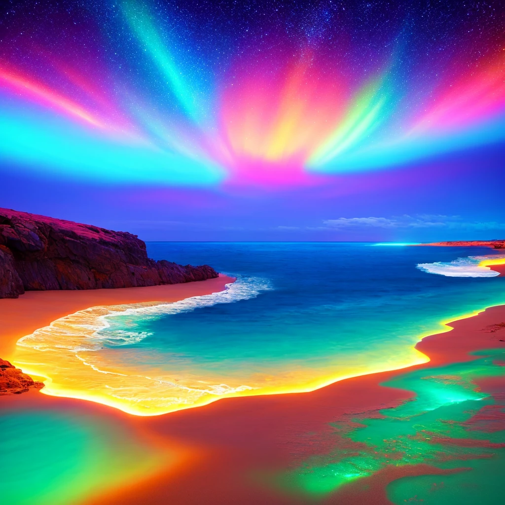 a beach with a bright sky and a bright star filled sky, a digital painting by Mike "Beeple" Winkelmann, tumblr, fantasy art, magical beach, beautiful vibrant colors, glow wave, glowing colors, [ bioluminescent colors ]!!, stunning colors, beautiful colors, glowing rich colors, amazing colors, breathtaking colors
