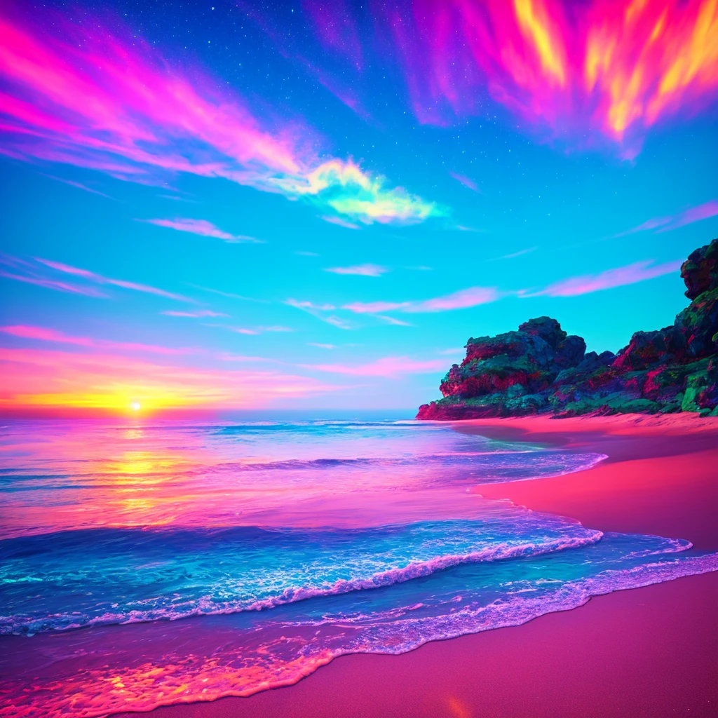 a beach with a bright sky and a bright star filled sky, a digital painting by Mike "Beeple" Winkelmann, tumblr, fantasy art, magical beach, beautiful vibrant colors, glow wave, glowing colors, [ bioluminescent colors ]!!, stunning colors, beautiful colors, glowing rich colors, amazing colors, breathtaking colors