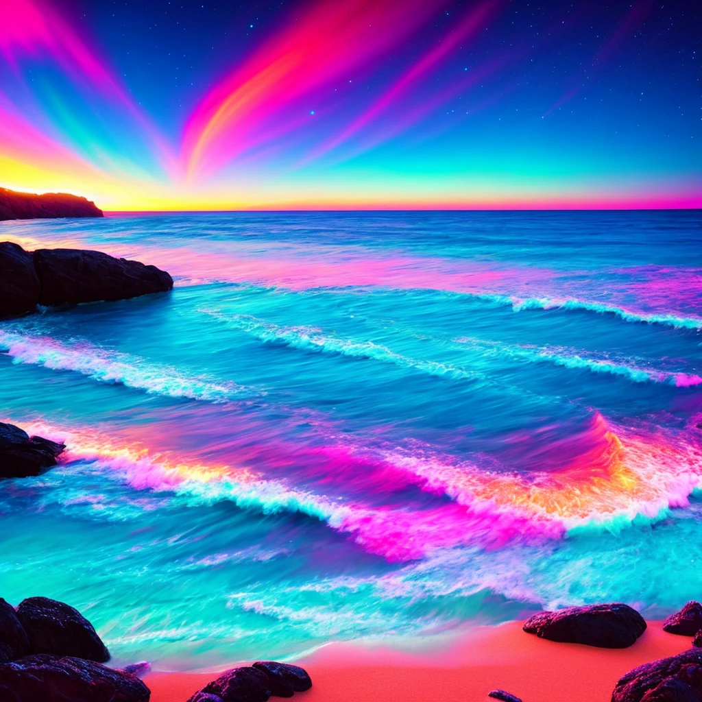 a beach with a bright sky and a bright star filled sky, a digital painting by Mike "Beeple" Winkelmann, tumblr, fantasy art, magical beach, beautiful vibrant colors, glow wave, glowing colors, [ bioluminescent colors ]!!, stunning colors, beautiful colors, glowing rich colors, amazing colors, breathtaking colors