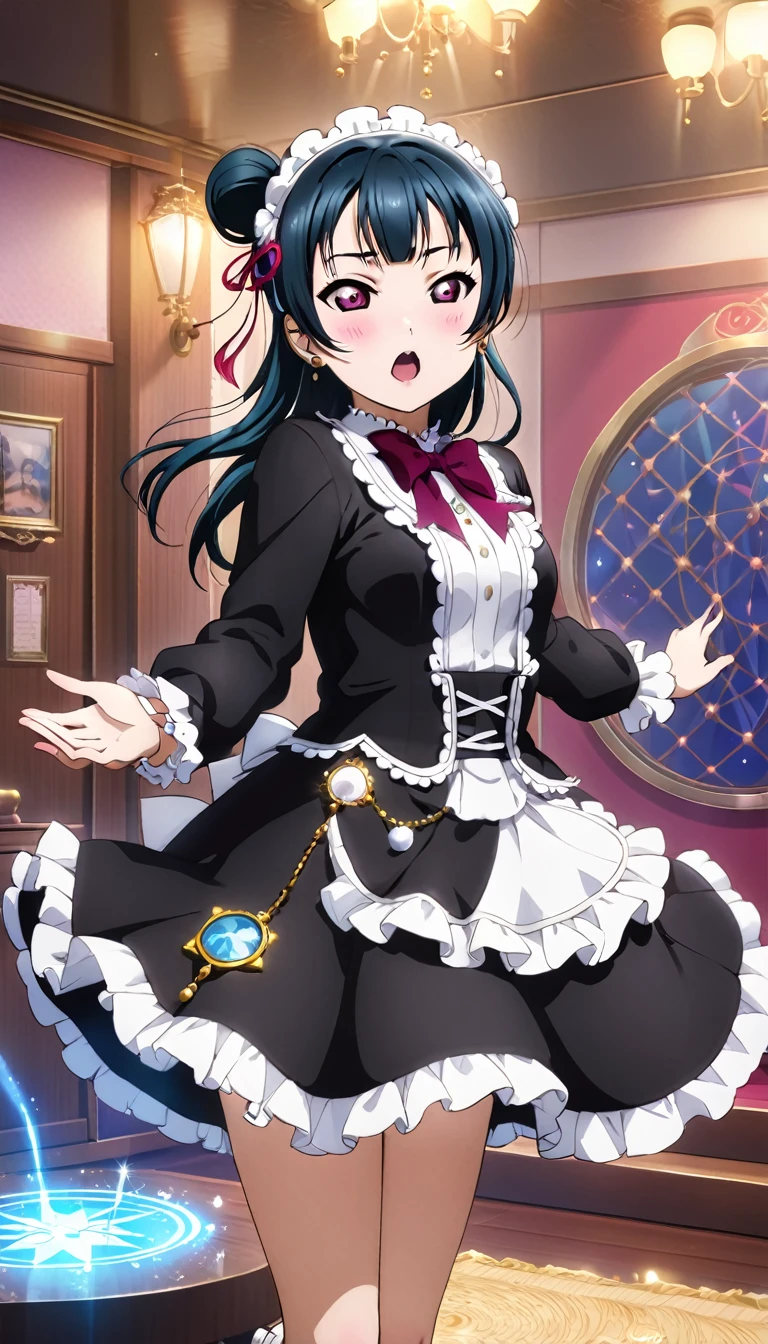 From Yoshiko Tsushima *Love Live! Sunshine!!* is performing a ritual in her room. She is dressed in Gothic ****ta attire, surrounded by a magic circle. Her eyes are closed, mouth slightly open, and both hands raised. The room is dimly lit, with a small fan spinning quietly.Highest quality, whole body、High detail, masterpiece, Embarrassing