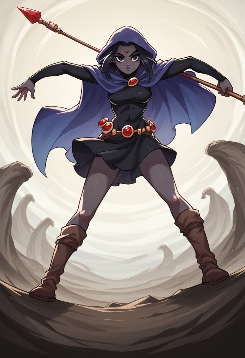 1 adult girl, Raven, black skin black leotard, black cloack, hooded cloak, knee-length Greek skirt, booties, long flowing hair, wavy black hair, forehead jeauel, purples eyes, medieval belt, firm skin, standing, toned, breastsout, battle pose, perspective view(posando)), Lines of movement, portraite, b&au. Contour, whole body, holding a spear, riding a black horse