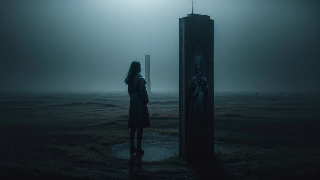 surreal image that conveys deep sadness, melancholy and isolation. Imagine a desolate landscape under a gloomy sky, where the colors are dull and the atmosphere feels heavy. In the center, place a solitary figure whose body appears to disintegrate in the wind, symbolizing a sense of disappearance. Surround this figure with surreal elements, such as floating clocks, distorted mirrors, and ethereal shadows that reflect a dreamlike quality. Ensure the overall composition evokes a feeling of deep loneliness and introspection, with intricate details drawing the viewer into a world of haunting beauty and emotional depth from the dark underworld landscape of my dreams and nightmares.