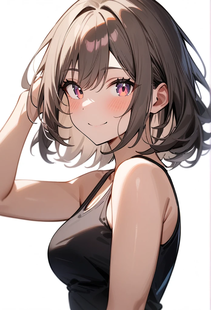 masterpiece, best quality, very aesthetic, absurdres, 1girl, looking at viewer, upper body, medium hair, medium breasts, tank top, smile, simple background