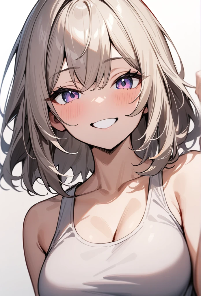 masterpiece, best quality, very aesthetic, absurdres, 1girl, looking at viewer, upper body, medium hair, medium breasts, tank top, smile, simple background