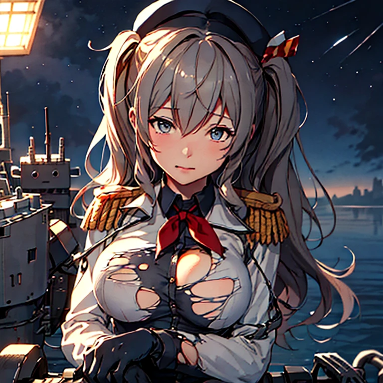 {{kashima (kancolle)}}, blue eyes, medium [[[large]]] breasts, twintails, wavy grey hair, military uniform, dark grey shirt, collared shirt, dark beret, epaulettes, jacket, long sleeves, red neckerchief, pleated grey skirt, white gloves,
kashima_kantaicollection,(masterpiece:1.4),(best quality:1.4), (amazing), (great illustration:1.4), (ultra-detailed:1.4), (art CG, 8K),1girl solo,(torn clothes:1.6),(Scared:1.1),cry,sit,on Blue sea, expansive (horizon:1.4),(night:1.4)