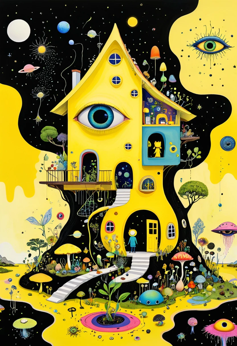 Intense visual fusion of various elements,broto,microorganism、plantar、house、Eye、wild animal life,Stitching an abstract painting,Describing the inner world of autistic people,Sense of space,blank space,interesting,innocence,psychedelic art,yellow and black,3d