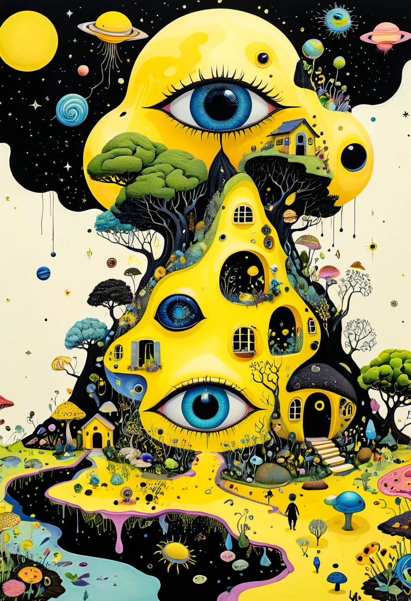Intense visual fusion of various elements,broto,microorganism、plantar、house、Eye、wild animal life,Stitching an abstract painting,Describing the inner world of autistic people,Sense of space,blank space,interesting,innocence,psychedelic art,yellow and black,3d